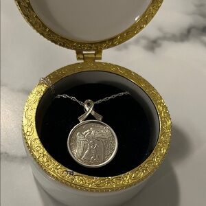 White Ceramic Angel Trinket Box with Vatican coin, silver necklace